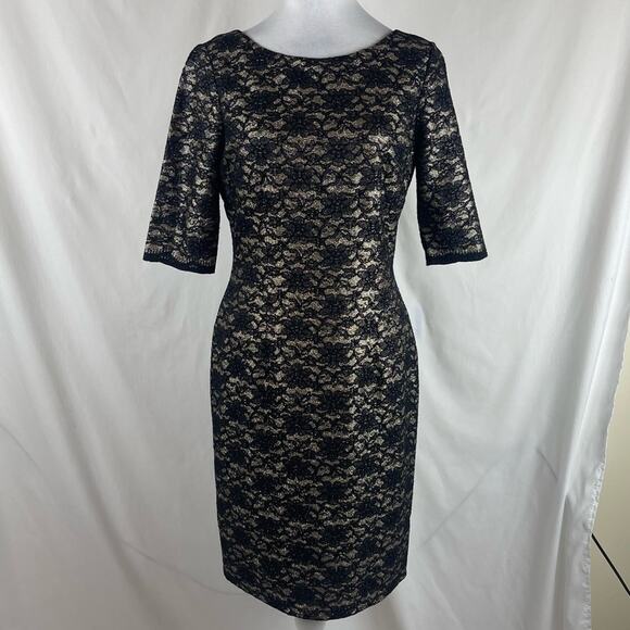 Eliza J Sheer Metallic Black Gold Lace Glam Party Event Dress NWOT Size 8 - Picture 2 of 14